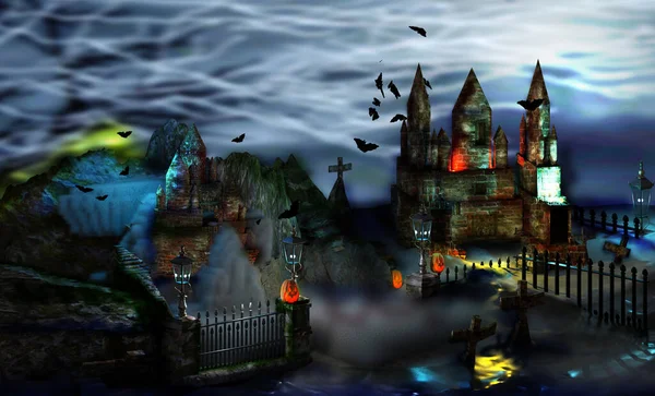 万圣节的背景恐怖的夜晚 有中世纪城堡 南瓜和飞行蝙蝠 3D渲染说明 — 图库照片