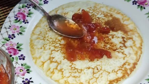 Perenjam Voor Pannenkoeken Traditionele Russische Blini Pannenkoeken Pannenkoekenweek Maslenitsa Een — Stockvideo