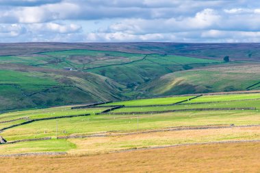 Yazın İngiltere 'nin Yorkshire kentindeki Hebden Köprüsü yakınlarındaki fundalıkların ve vadilerin manzarası