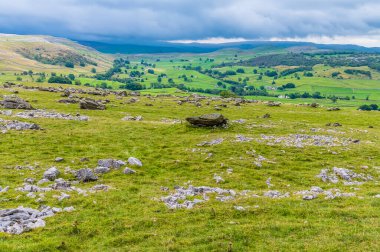 Ingleborough, Yorkshire, İngiltere 'nin güney yamaçlarındaki kireçtaşı kaldırımında birikmiş buzul erratikleri gösteren bir manzara