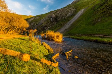 Günbatımındaki altın ışık, güneşli bir sonbahar akşamında İngiltere 'nin Dovedale kentindeki güvercin nehrinin kıyısını aydınlatır.