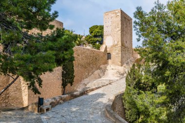 Bir bahar günü Alicante 'nin yukarısındaki Aziz Ferran şatosunun zirvesine giden yolun manzarası.