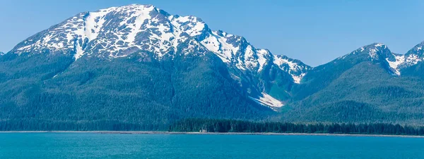 Panorama View Forested Shoreline Mountain Backdrop Gastineau Channel Approach Juneau Royalty Free Stock Photos