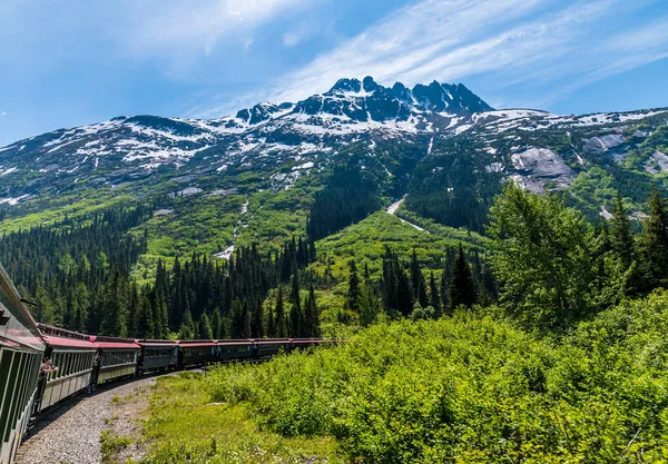 View Train Crossing Bridge White Pass Yukon Railway Skagway Alaska — Stockfoto