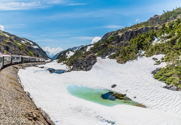 View Snow Covered Landscape White Pass Yukon Railway Skagway Alaska lizenzfreie Stockbilder