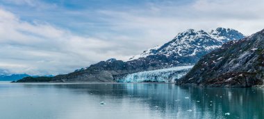 A view across the waters of Glacier Bay towards the Reid Glacier, Alaska in summertime