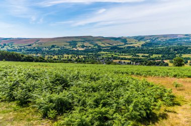 A view from the path up to Bamford Edge towards Bamford town in summertime