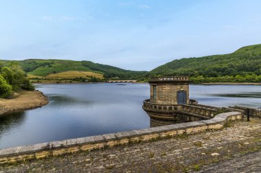 A view from the west side of the dam wall across Ladybower reservoir, Derbyshire, UK in summertime