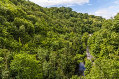 A view through the tress towards the River Wye and the Monsal Trail in Derbyshire, UK in summertime