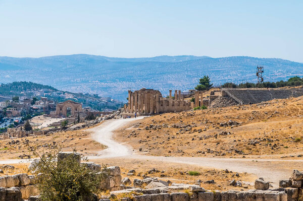 A view along the eastern side of the ancient Roman settlement of Gerasa in Jerash, Jordan in summertime