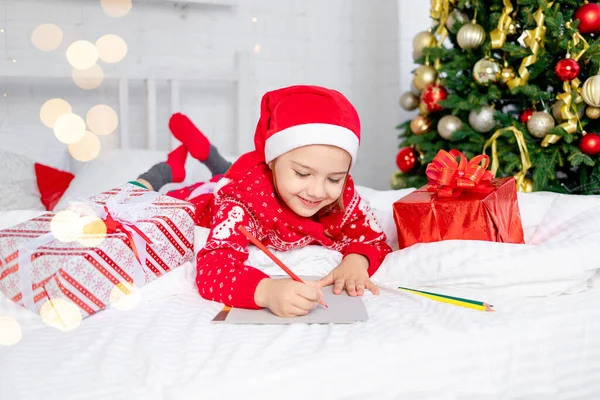 Cute Beautiful Girl Child Writes Letter Santa Claus Christmas Tree — Stock Photo, Image