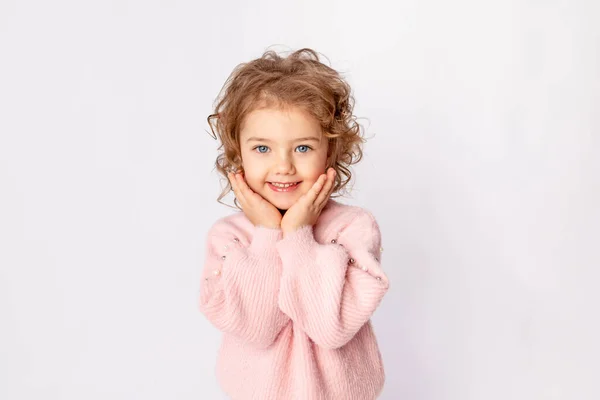 Egy Gyönyörű Kislány Fehér Elszigetelt Háttérrel Rózsaszín Pulóverben Összehajtogatott Aranyos — Stock Fotó