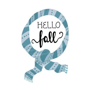 Güzel el yapımı sonbahar kartı tasarımı. Merhaba güz el yazısı ve sıcak örülmüş atkı. Vektör karikatürü izole edildi