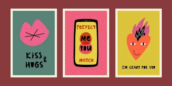 Sevgililer Günü komik kartları. Kiss and Hugs, Love phone app ve sen ve ben mükemmel bir eşleşen mesajız, senin için deliriyorum.
