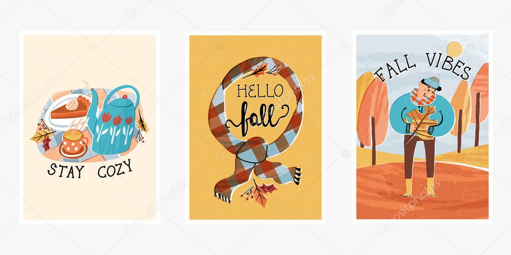 Hello Fall cards set with lettering. Fall vibes, a guy holds autumnal leaf, a scarf, Stay cozy, kettle, tea, pumpkin pie