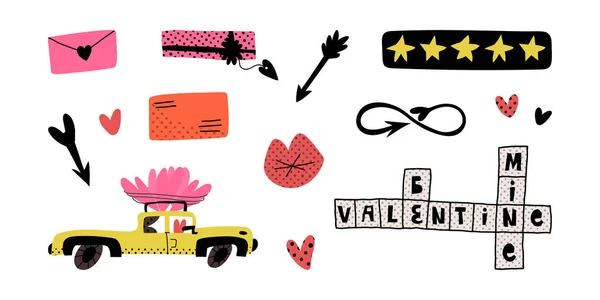 Valentinstag Pop-Art Set. Herzen, Pfeile, Liebespost, Unendlichkeitszeichen, Auto mit riesigen Herzen an der Spitze, Kreuzworträtsel — Stockvektor