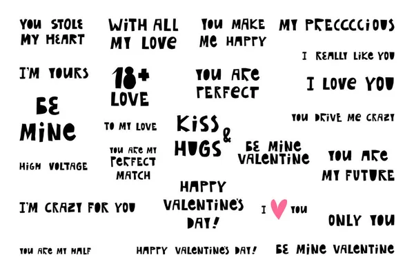 Valentinstag Gruß Schriftzug Set. Grooviger handschriftlicher Text Ich liebe dich, Ich mag dich, Sei mein Valentinstag, Du bist perfekt — Stockvektor