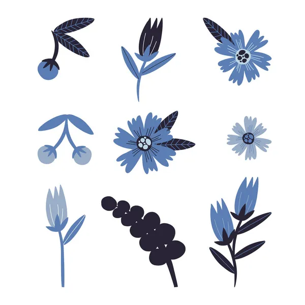 Ethnische Retro-Blumenarrangements. Folkloreglockenblumen, Kamille, Gänseblümchen, Kirschen, Blätter, Brunch — Stockvektor