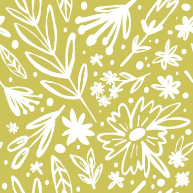 Şirin bir eskiz, bal sarısı arka planda çiçek deseni var. Çeşitli karalama çiçekleri, dallar, noktalar.