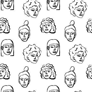 Çağdaş soyut kadınlar, çeşitli sanat yüzleri olan kusursuz desenler çizerler. Tek renkli tekli yineleme.