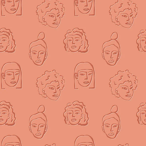 Современные абстрактные женские портреты бесшовный рисунок с различными линиями художественной этники лица. Успокаивающие коралловые оттенки. — стоковый вектор
