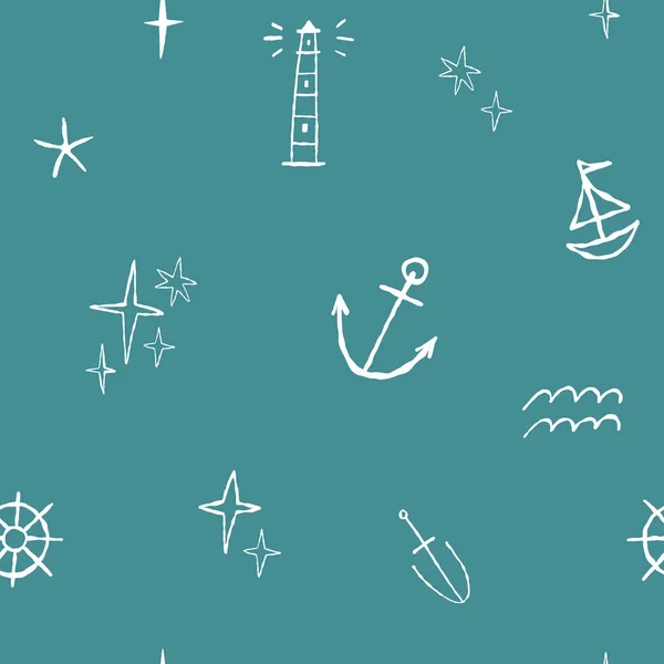 Lindo patrón sin costura náutica con garabato, bosquejo ancla, barco, estrella polar, faro, olas, estrella de mar, volante — Vector de stock
