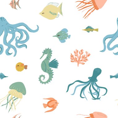 Su altı canlıları kusursuz desen. Deniz, okyanus sakinleri: denizatları, denizanaları, melek balıkları ve kirpi balıkları..