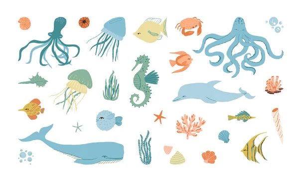 Criaturas subaquáticas, mar, conjunto de habitantes do oceano. Golfinho, baleia, polvo, cavalo-marinho, peixes, geléia, caranguejo, conchas. —  Vetores de Stock