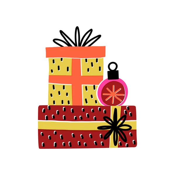 Vánoční dárky, dárkové krabice stack a vánoční stromeček dekorativní cetka. Vektor ručně kreslené izolované ilustrace. — Stockový vektor