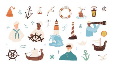 Denizcilik takımı. Deniz fatihleri, kaptanlar, tarlada izleyen denizciler, deniz fenerleri, direksiyon simidi, çapa, gemiler..