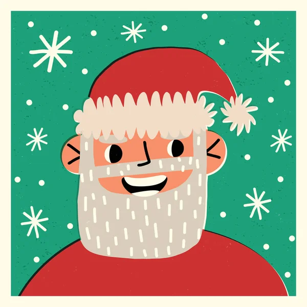 Christmas greeting card. Cute hand-drawn Santa with beard happily smiling and watches on snowflakes. — Stock Vector