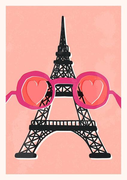 Love Paris A4 poster in retro, vintage style. Famous French landmark, Eiffel tower, textures and eyeglasses with hearts.