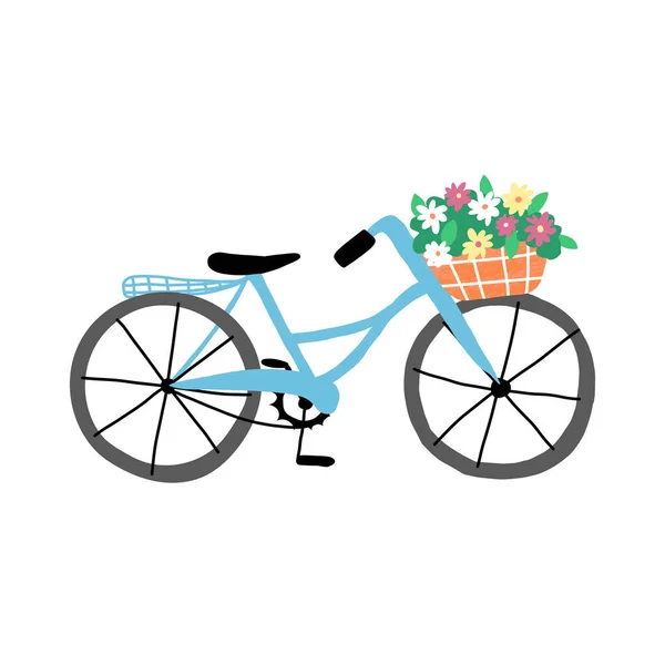 A cute bicycle with a basket of fresh flowers. Symbol of Netherlands, resort countries and serene rest. — стоковый вектор