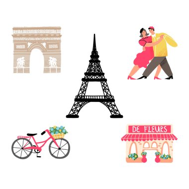 Paris koleksiyonu. Eyfel Kulesi, Zafer Kemeri, Sepetli bir bisiklet, Çiçekçi, Bereliler içinde dans eden bir çift.