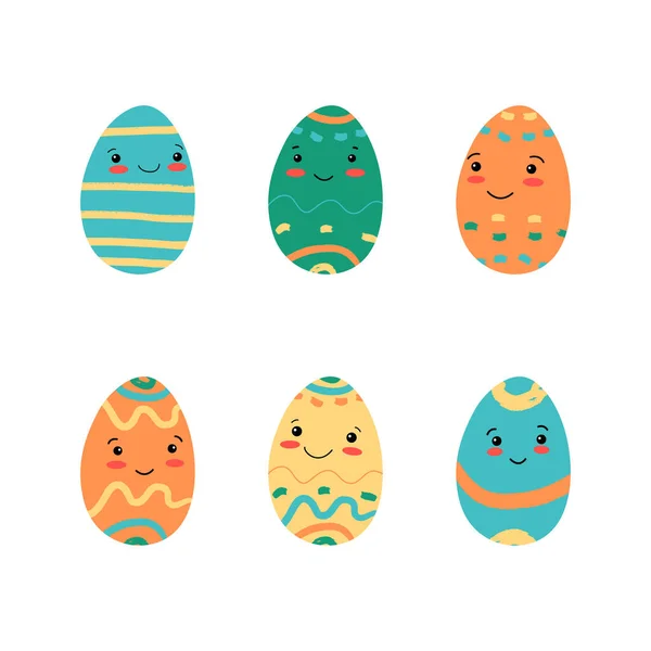 Lindos huevos decorados con Pascua personajes establecidos. Huevos de Pascua Kawaii con caras y pinceladas, manchas y líneas. — Vector de stock