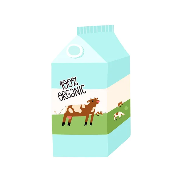 Leuke biologische melk in een kartonnen doos met vrolijke koeien op een weiland. Vector met de hand getekend illustratie met belettering. — Stockvector