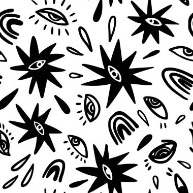 Komik ve tek renkli sihirli, dikişsiz desen. Gözü olan yıldızlar, izleyen ağabey, gözyaşları, damlalar, gökkuşakları.