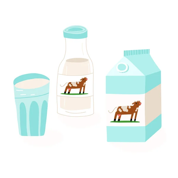 Schattig met de hand getrokken glas met melk, koemelk fles en kartonnen doos verpakking met gelukkige koe op het etiket. Vectorillustratie. — Stockvector