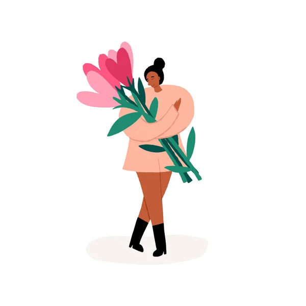 Virágárus nő, tinédzser lány sétál egy csokor szívvirággal a kezében. Self love, Valentin-nap, Women 's Day koncepció. — Stock Vector