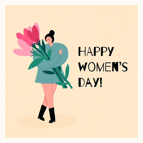 Happy Womens Day greeting card. Cute woman, teenager girl walk holding a bunch of the heart flowers. Self love concept. — Stock Vector