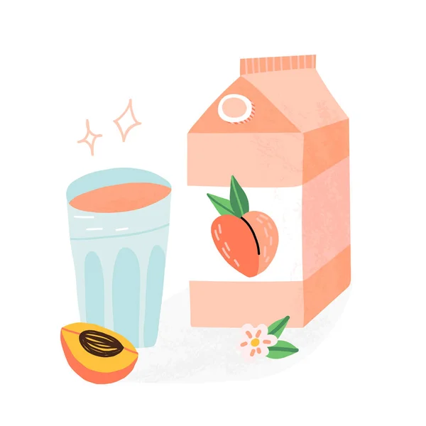Sumo de pêssego desenhado à mão bonito, limonada, refresque a bebida em uma embalagem de papelão com letras. Ilustração vetorial. — Vetor de Stock