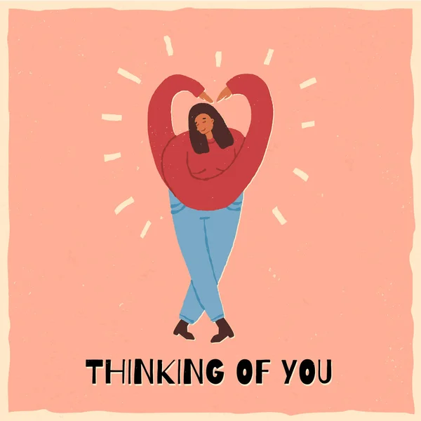 Glückwunschkarte zum Valentinstag mit einem Gedanken an Sie Text. Junge glückliche Frau umarmt sich, ihre Arme in Herzform. — Stockvektor