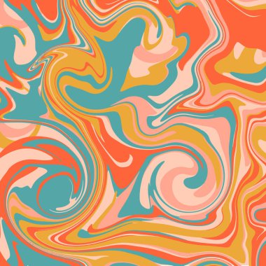 70 'lerin titreşimli arka planı, girdap desenli arka plan tasarımı. Sıvı, dalgalı, modaya uygun soyut şekiller vektör desenleri.