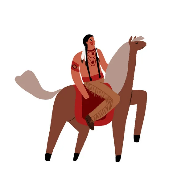 Un guerrero indígena montando a caballo. Jinete americano de las Indias Occidentales salvajes pintado. Pueblos indígenas de América. — Vector de stock
