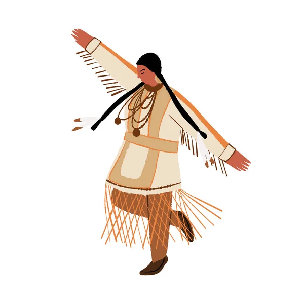 Yerli Amerikan kızı, Hint Amerikalı kadın etnik kostüm içinde dans ediyor, yerli halkların geleneksel dansını yapıyor. — Stok Vektör