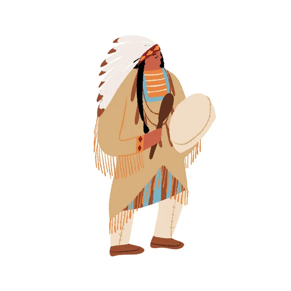 El chamán nativo americano golpea el tambor. Hombre americano salvaje de las Indias Occidentales realizando danza ritual tribal de pueblos indígenas — Vector de stock