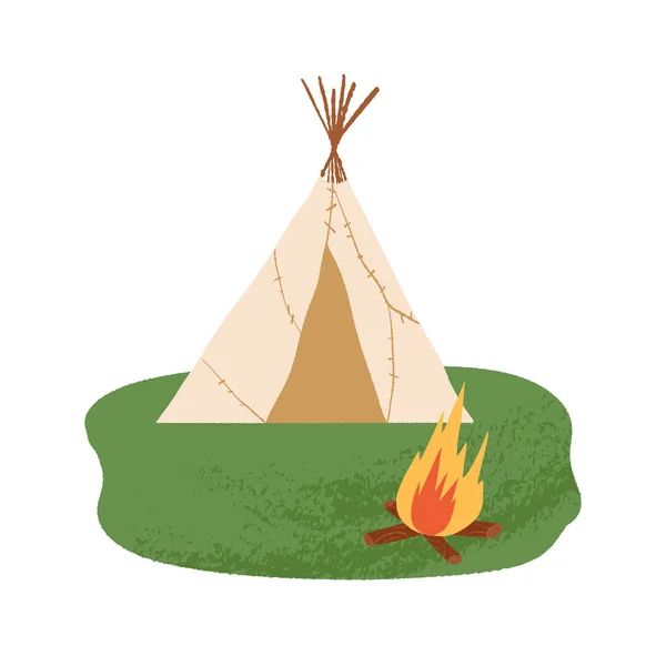 Teepee, lodge o wigwam con una hoguera. Campamento tradicional, refugio hecho a mano para los indígenas, los nativos americanos. — Vector de stock