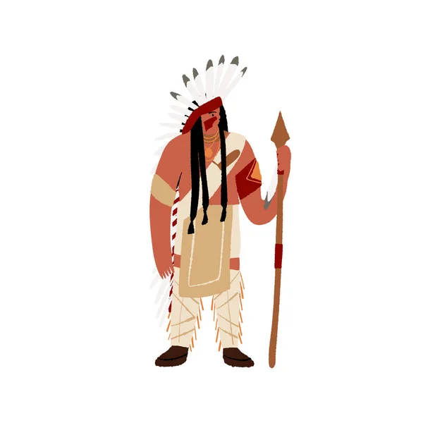 Nativo hombre americano guerrero con pintura de guerra sosteniendo una lanza, lleva traje étnico. Pueblos indígenas de América. — Vector de stock