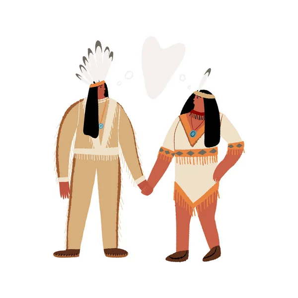 Una pareja de nativos americanos enamorados, un hombre con disfraces étnicos sosteniendo una mano de su esposa. Pueblos indígenas de América. — Vector de stock