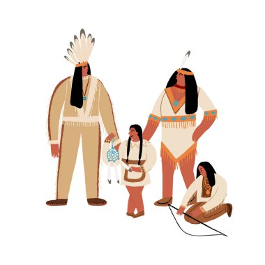 Çocuklu yerli bir Amerikan ailesi, bir adam, karısı, oğlu ve kızı etnik kostümlü. Amerika 'nın yerli halkı